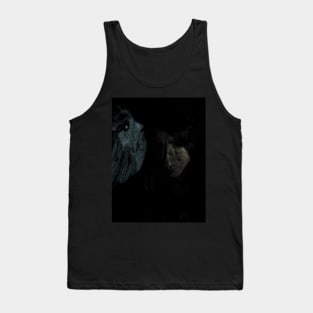 Portrait, collage, special processing. Man, dark costume, long hair, looking down. On left demon of gold. Very desaturated. Tank Top